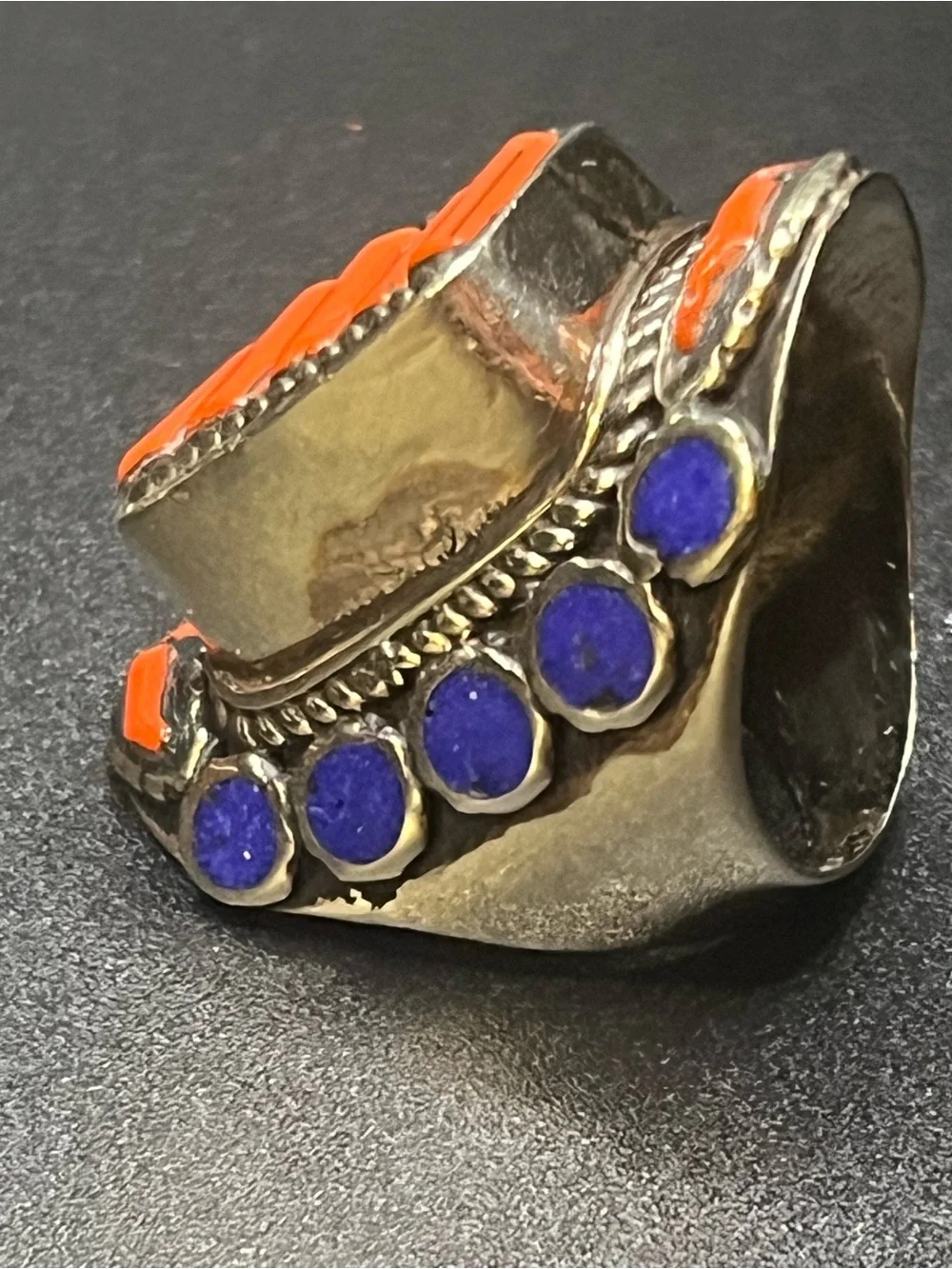 Southwestern Style Orange blue Inlay Statement Ring. Unmarked, not tested